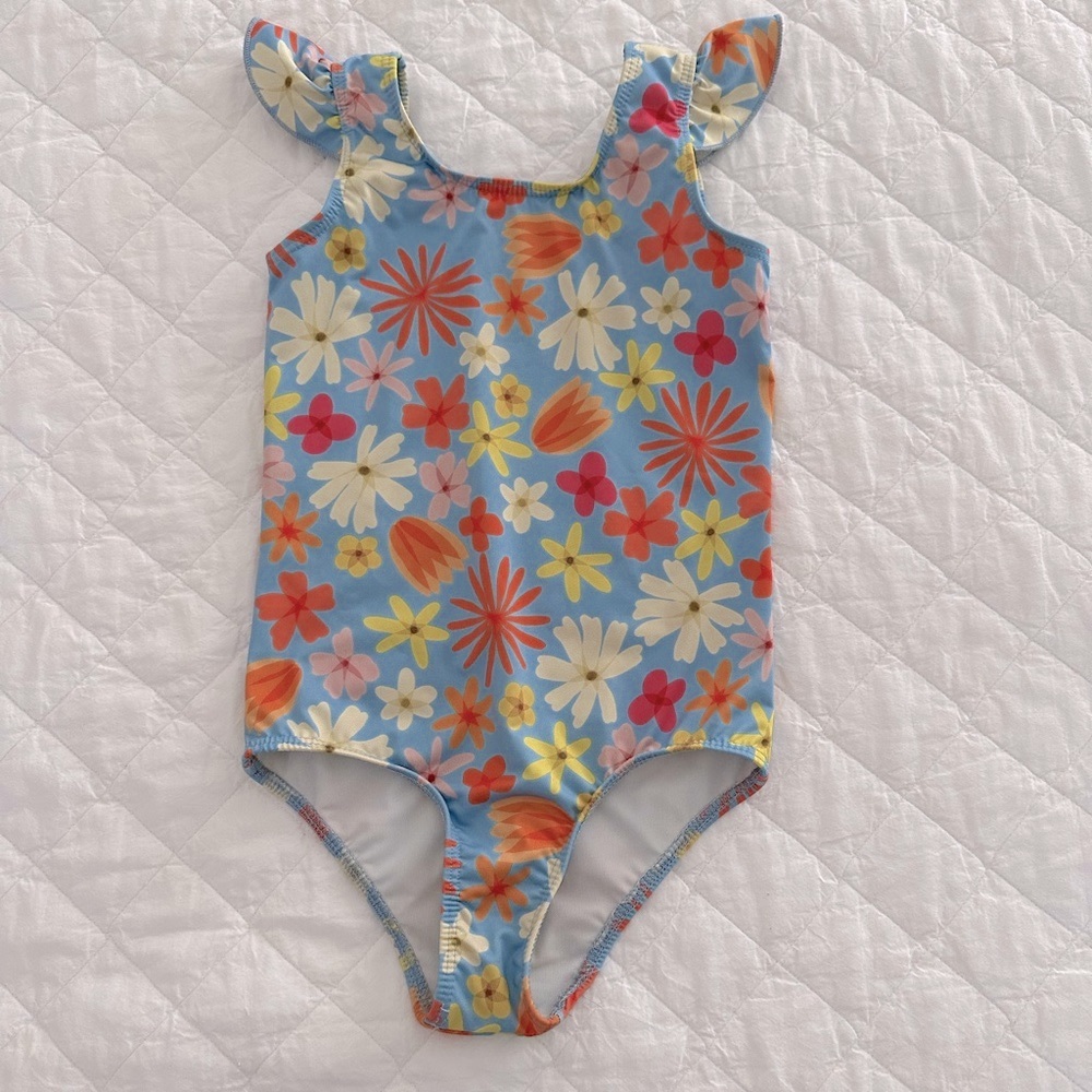 Pearl Street Swim Floral Flutter One Piece Girls Bathing Suit - size 5/6
